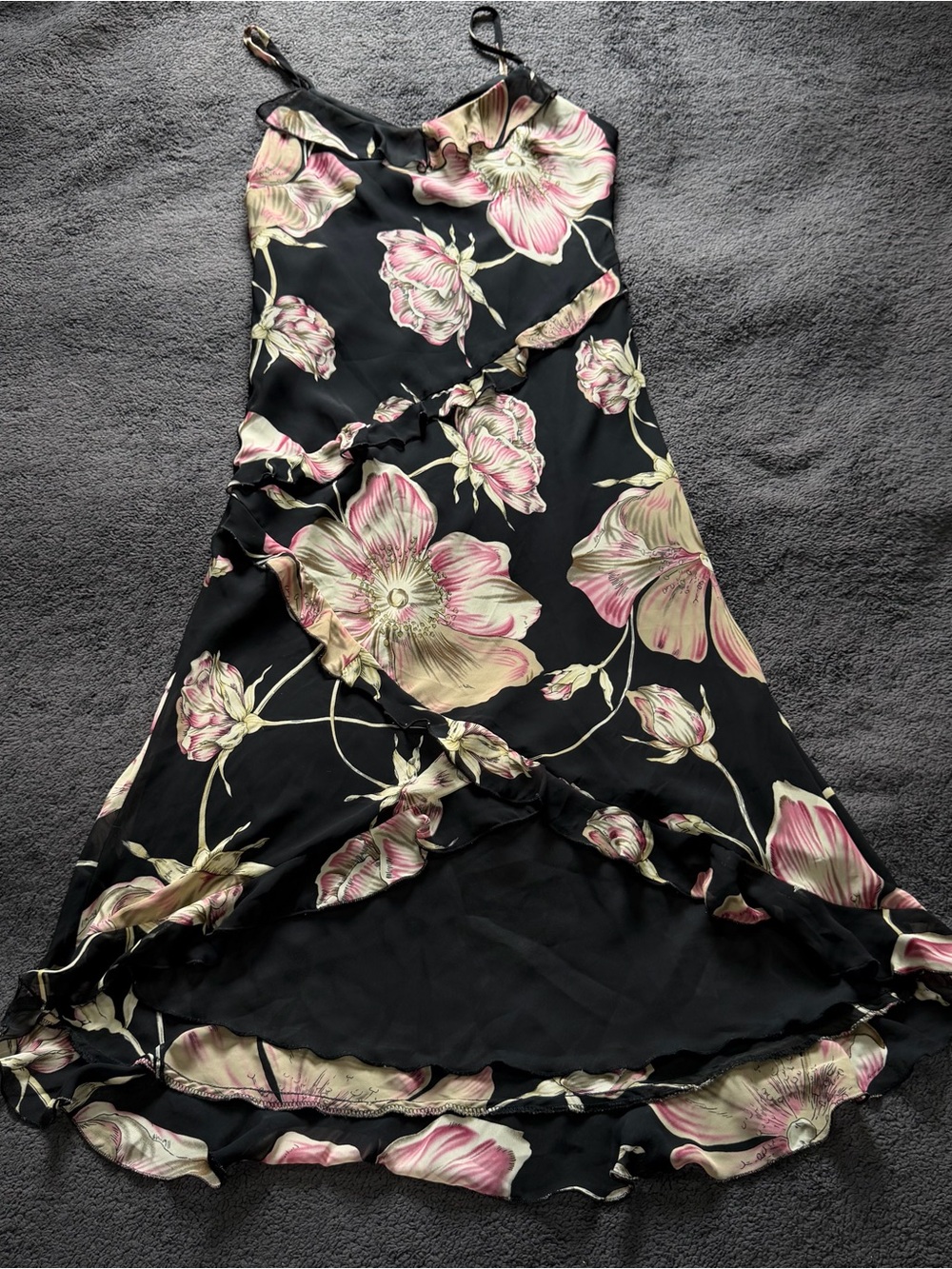 Hilo Hattie Hawaiian Floral Hi-Low Maxi Dress XL Black Pink Ruffle Made in USA